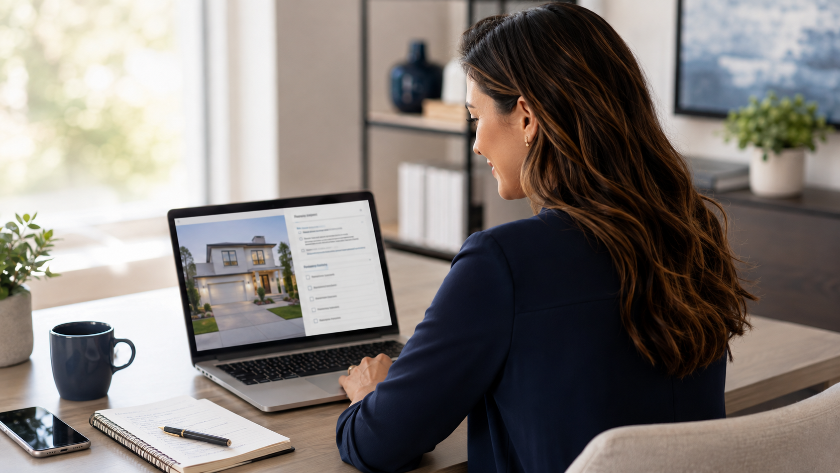 Real estate agent reviewing a listing and follow-up plan on a laptop at her desk