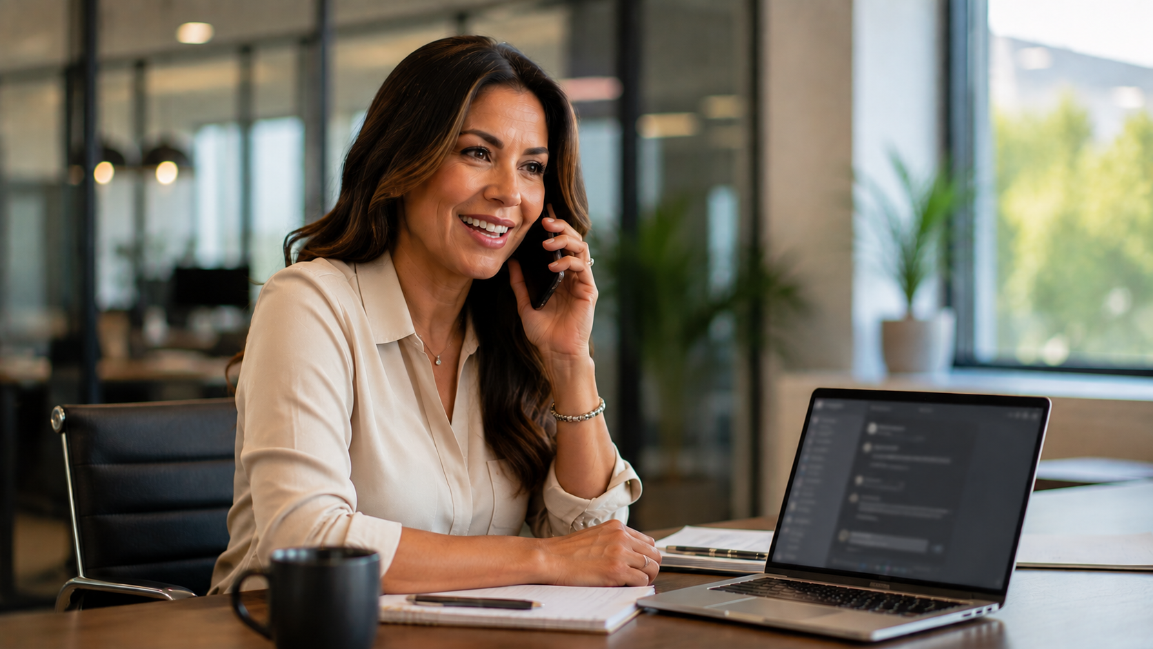 Salesperson smiling while on a phone call at her desk, laptop open beside her