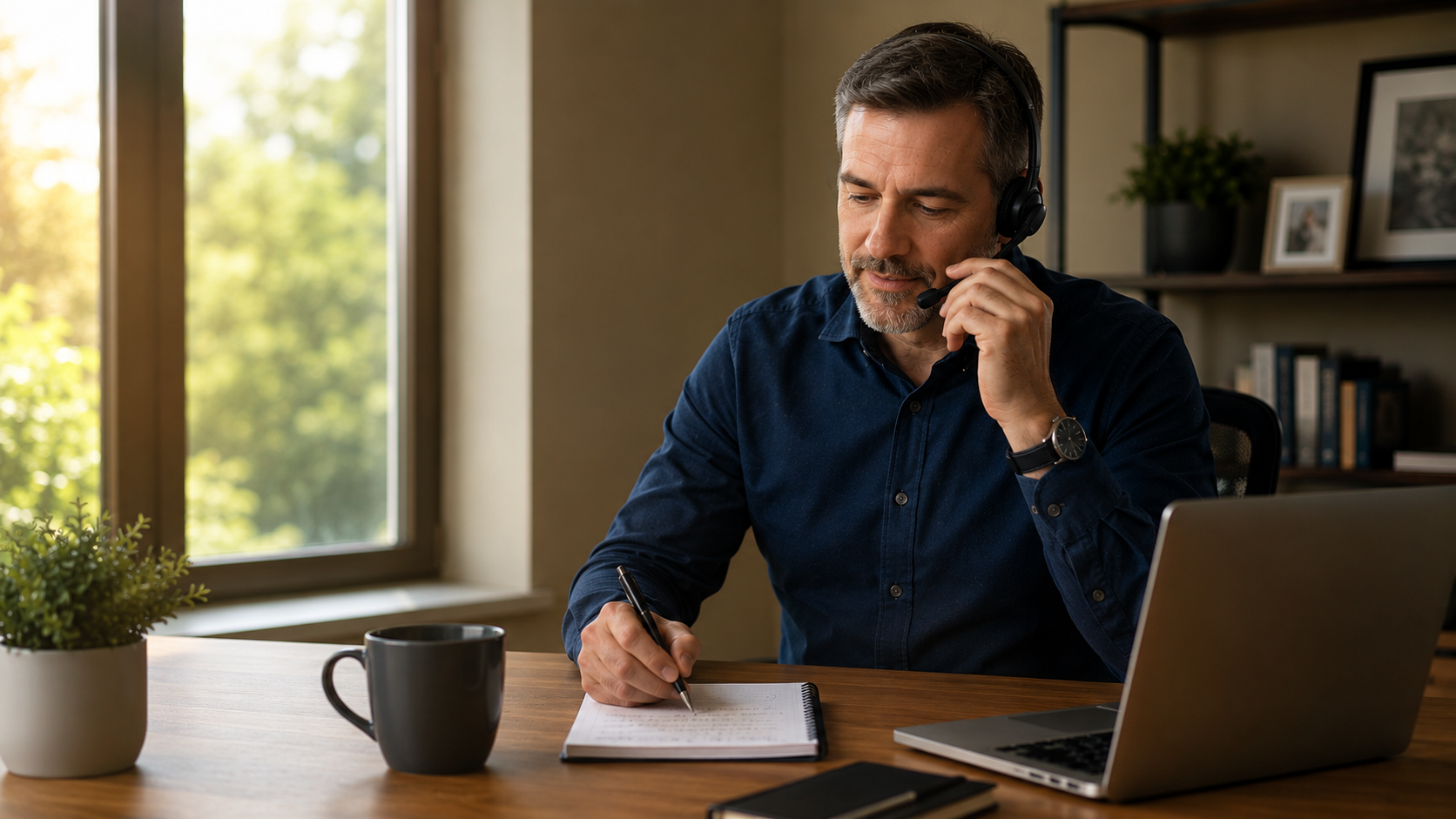 Salesperson making an early-morning prospecting call and taking notes at a home office desk