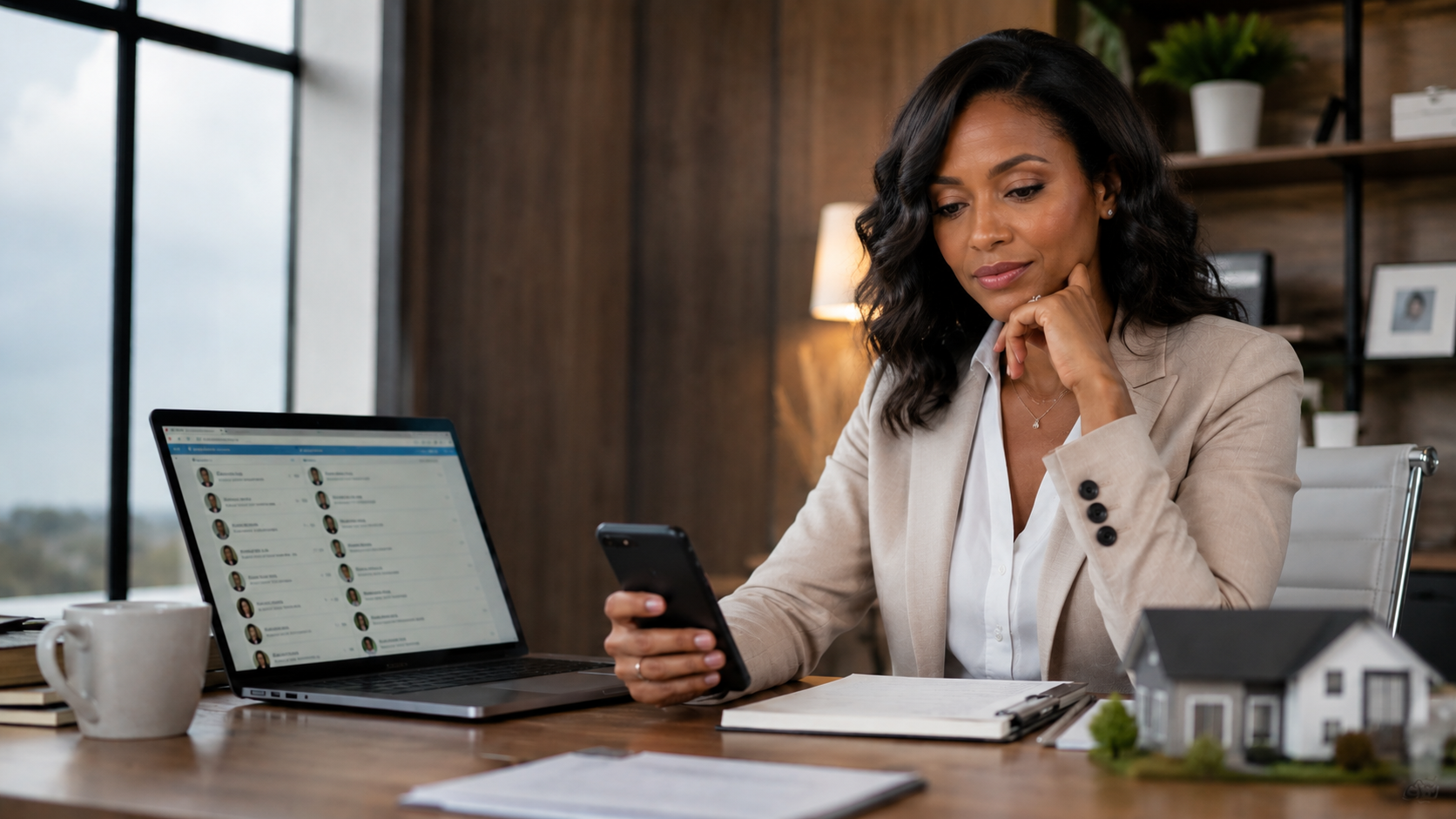 Real estate agent sitting at her desk studying her phone, considering a follow-up message